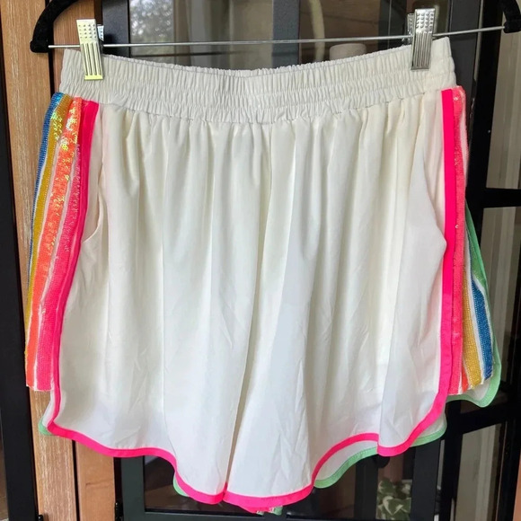 QUEEN OF SPARKLES Pants - Queen of sparkles sequins shorts pockets rainbow white colorful stretchy